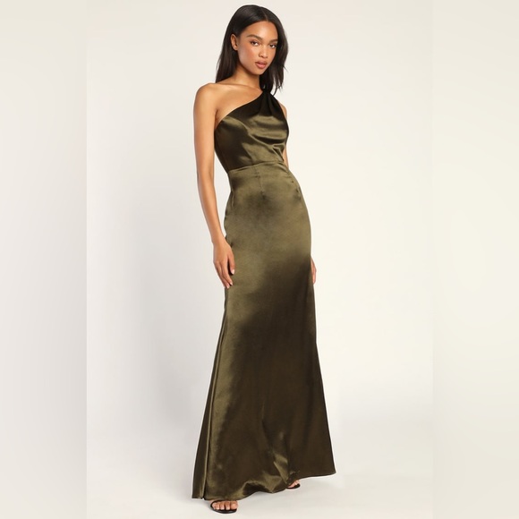 Lulus On the Guest List Olive Green Satin One-Shoulder Maxi Dress - Picture 2 of 14
